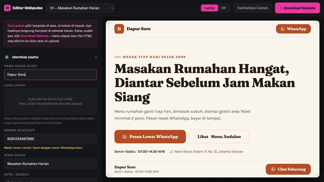 Perubahan nama usaha tampil langsung di preview Webpulse